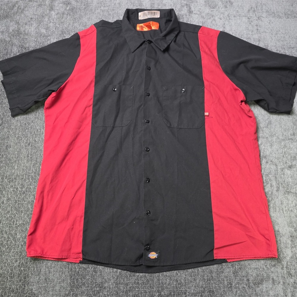 Dickies Colorblock Work Shirt Mens 2XL XXL Black Red Garage Mechanic Button Up